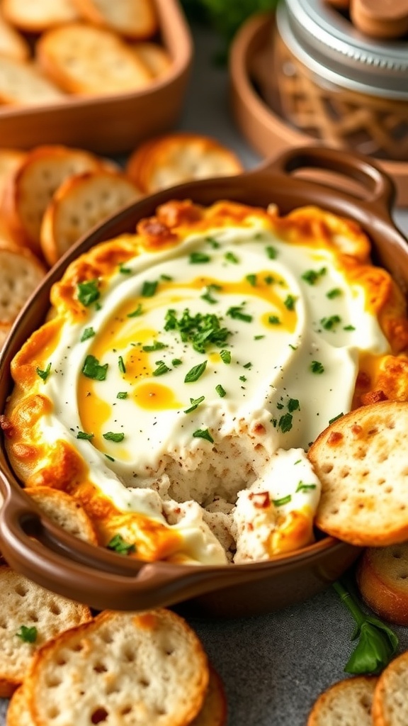 Toasted ricotta queso spread in a baking dish with crusty bread and crackers.